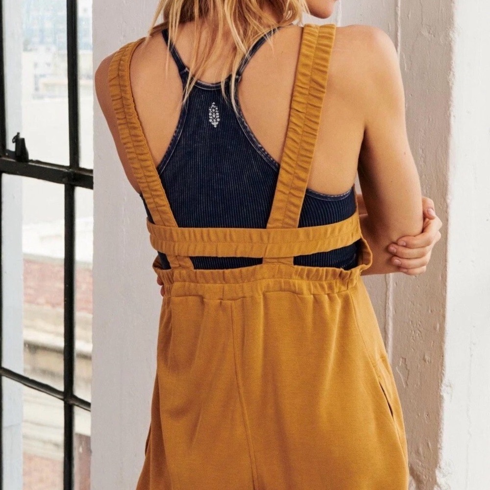 Free People Movement Heart Center Mustard Yellow Sleeveless Romper - Picture 2 of 7